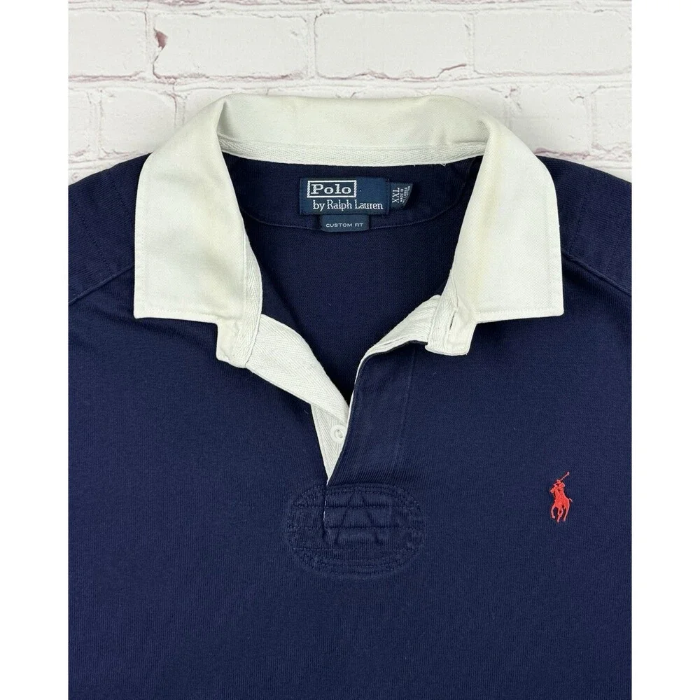 Vintage Polo Ralph Lauren Mens Rugby Polo Shirt Long Sleeve XXL Blue Elbow Patch
